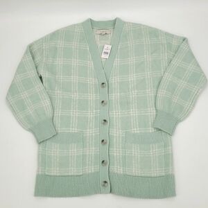 NWT LOFT Seafoam Green/White Plaid Long‎ Cardigan Women's Size M